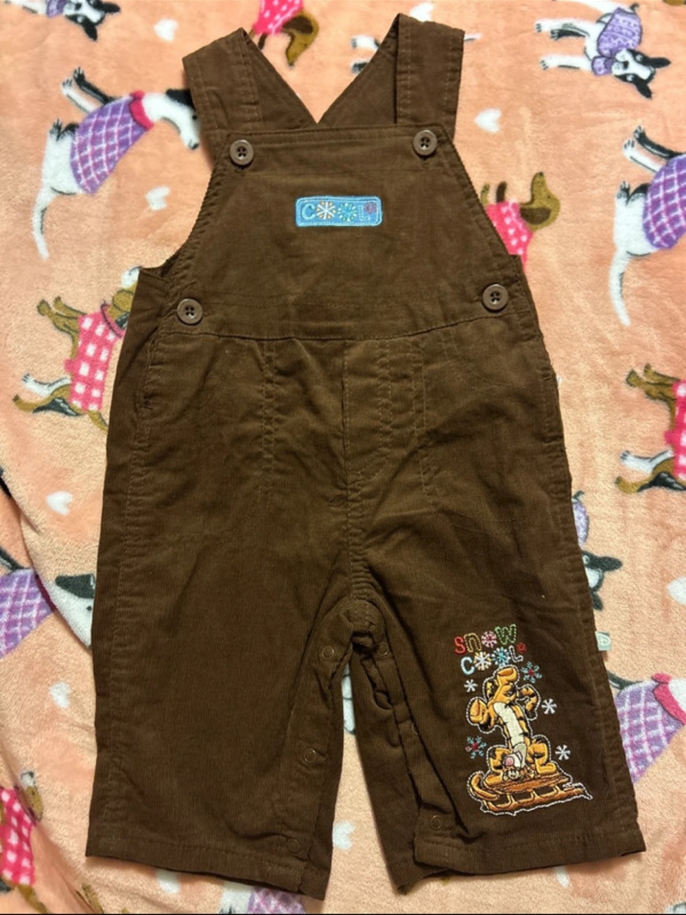 Brown Corduroy Kids Overalls - Snow Sled Embroidery